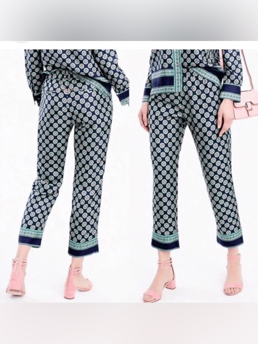 J. Crew 100% Silk Foulard Medallion Pull-On Cropped Pants Navy 10